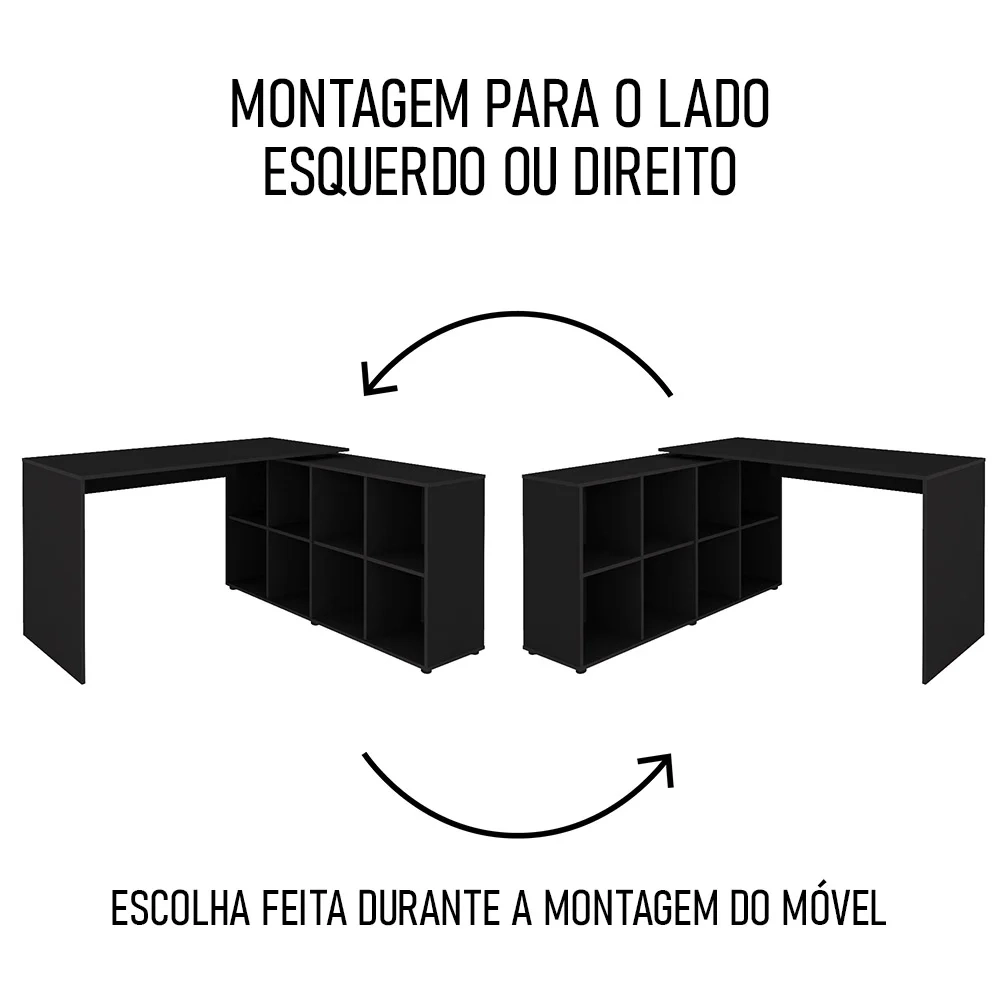 Mesa Escrivaninha em L Eron e Estante Livreiro 90x187cm Lean A06 Preto - Mpozenato 