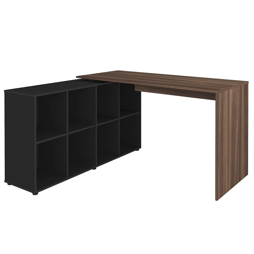 Mesa Escrivaninha em L Eron e Estante Livreiro 90x187cm Lean A06 Ipê/Preto - Mpozenato 