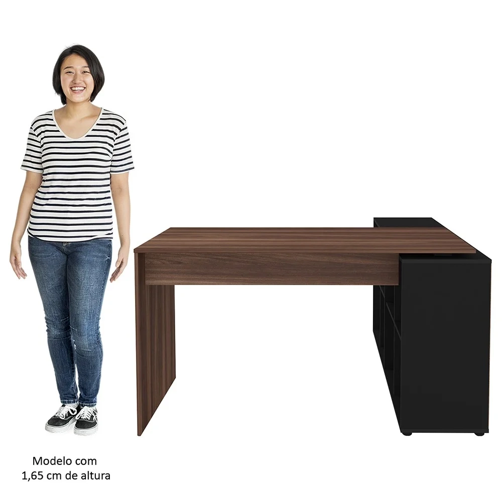 Mesa Escrivaninha em L Eron e Estante Livreiro 90x187cm Lean A06 Ipê/Preto - Mpozenato 