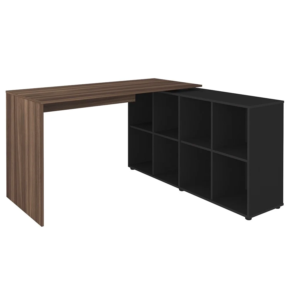 Mesa Escrivaninha em L Eron e Estante Livreiro 90x187cm Lean A06 Ipê/Preto - Mpozenato 