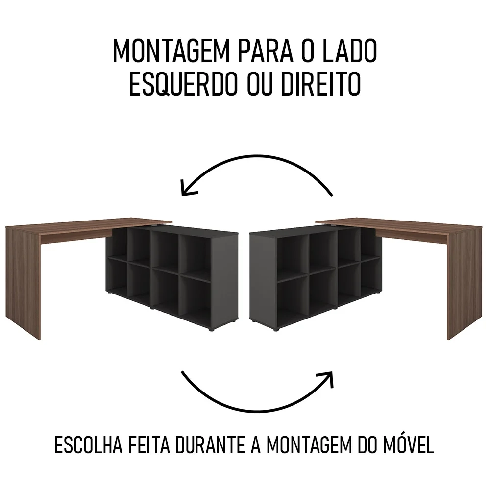 Mesa Escrivaninha em L Eron e Estante Livreiro 90x187cm Lean A06 Ipê/Preto - Mpozenato 