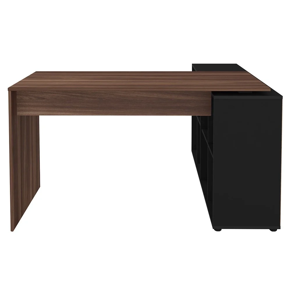 Mesa Escrivaninha em L Eron e Estante Livreiro 90x187cm Lean A06 Ipê/Preto - Mpozenato 