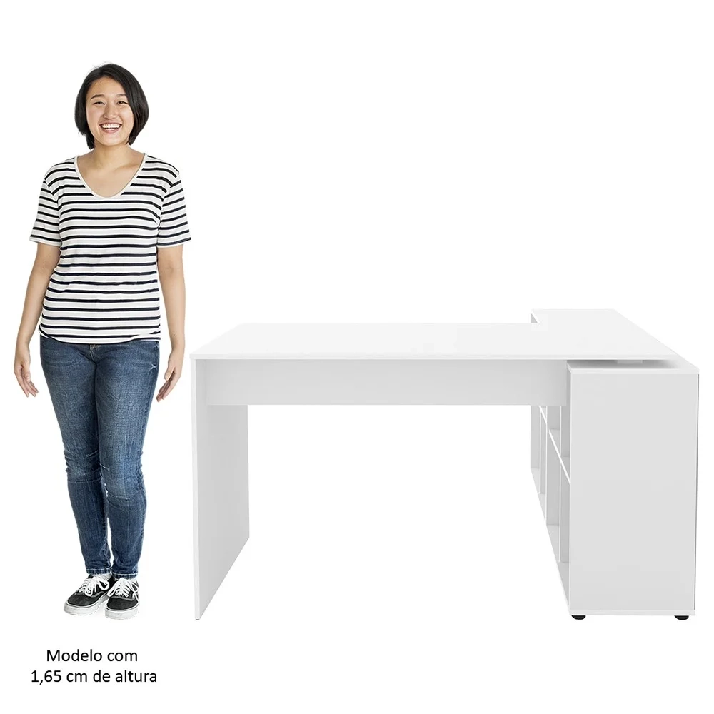 Mesa Escrivaninha em L Eron e Estante Livreiro 90x187cm Lean A06 Branco - Mpozenato 