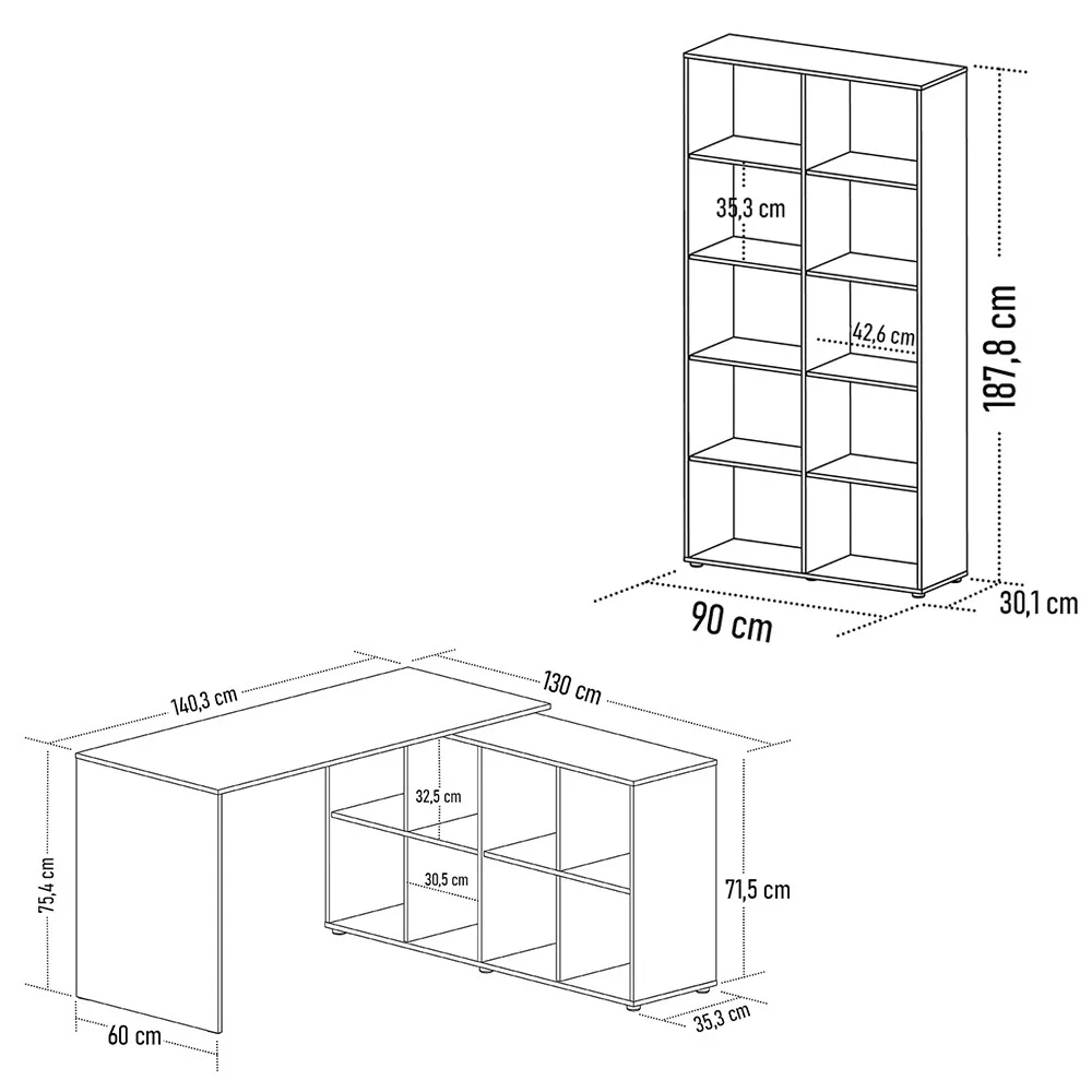 Mesa Escrivaninha em L Eron e Estante Livreiro 90x187cm Lean A06 Branco - Mpozenato 