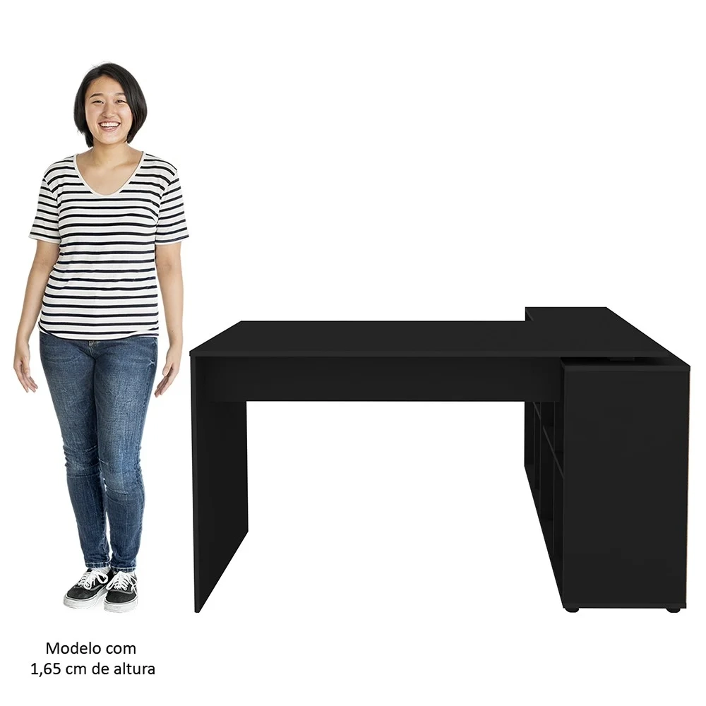 Mesa Escrivaninha em L Eron e Estante Livreiro Stela A06 Preto - Mpozenato 