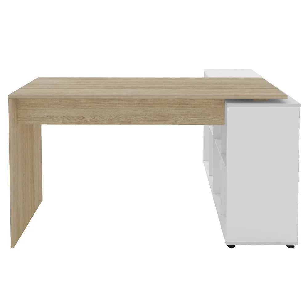 Mesa Escrivaninha em L Eron e Estante Livreiro 90x187cm Lean A06 Branco/Carvalho - Mpozenato 
