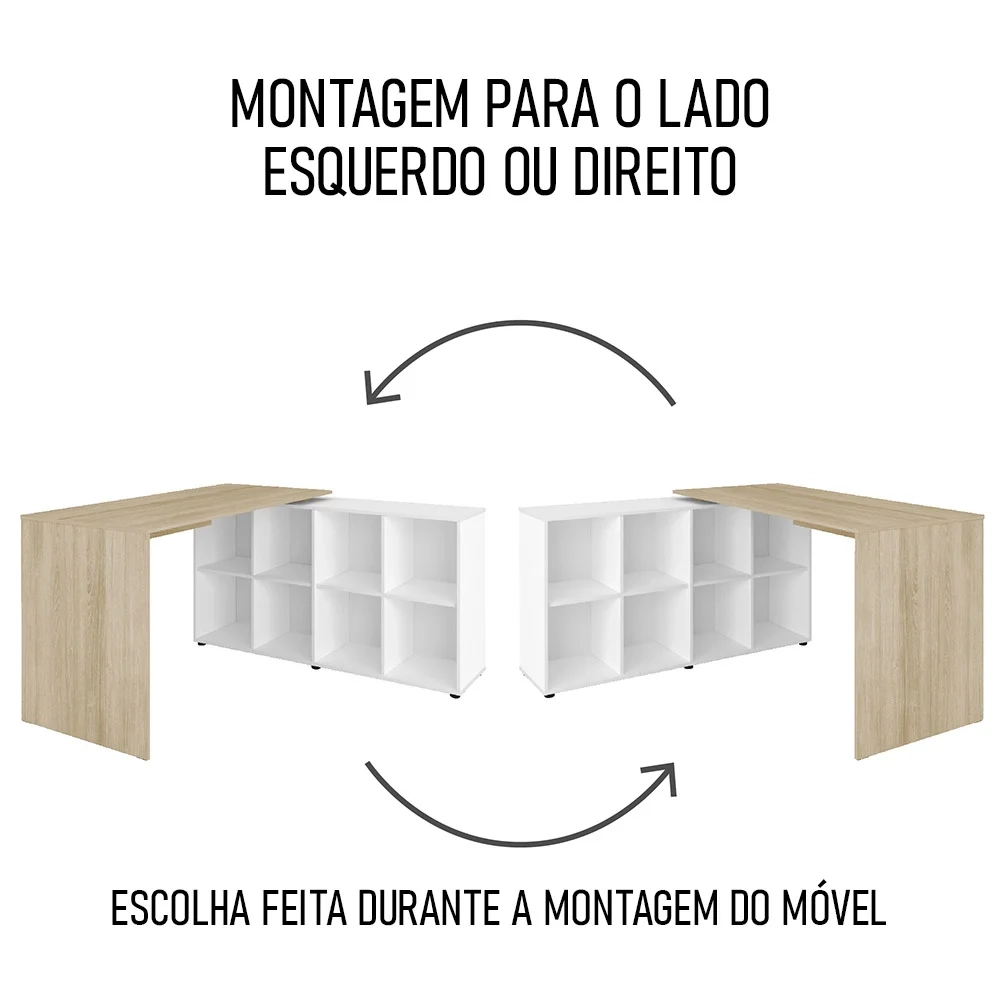 Mesa Escrivaninha em L Eron e Estante Livreiro 90x187cm Lean A06 Branco/Carvalho - Mpozenato 