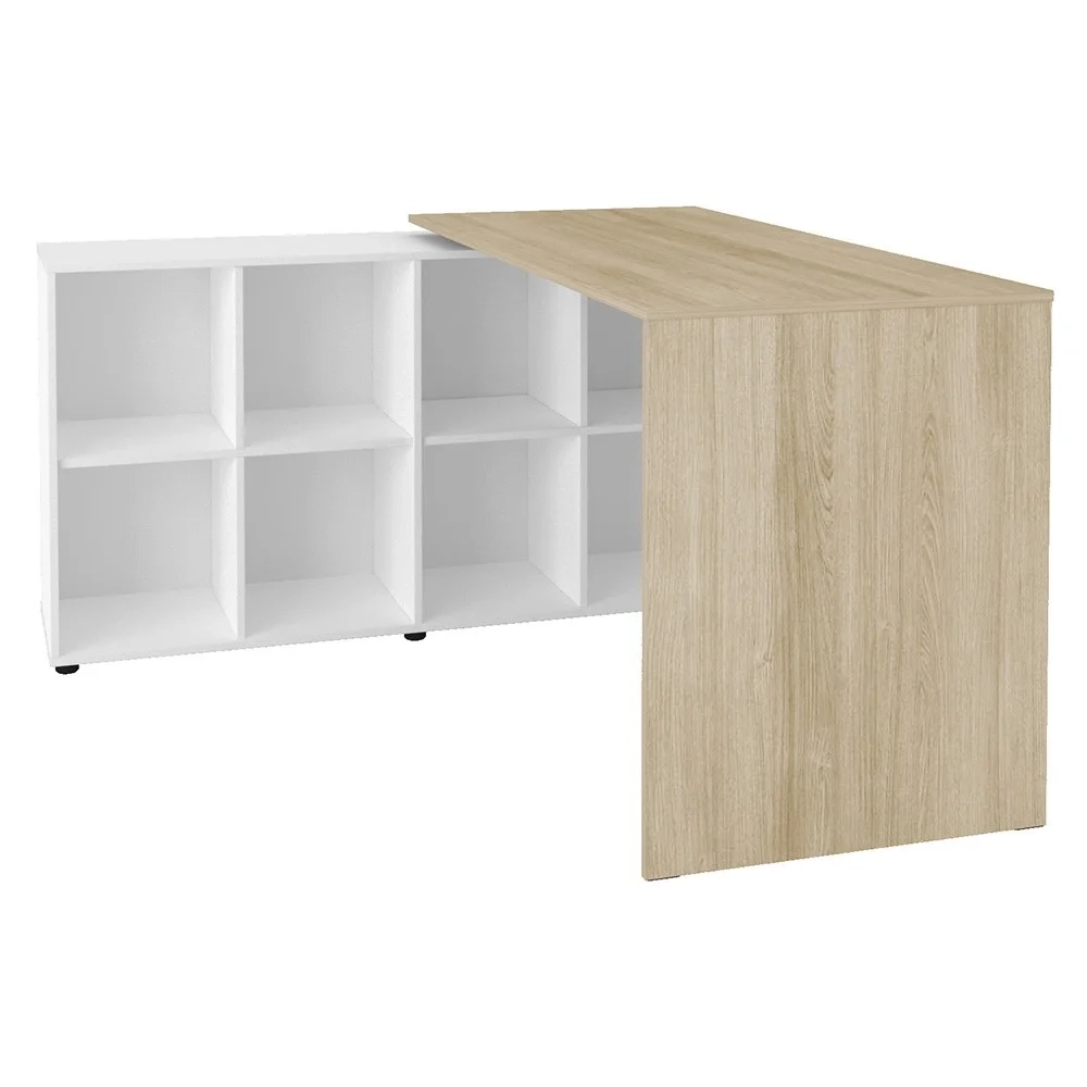 Mesa Escrivaninha em L Eron e Estante Livreiro 90x187cm Lean A06 Branco/Carvalho - Mpozenato 