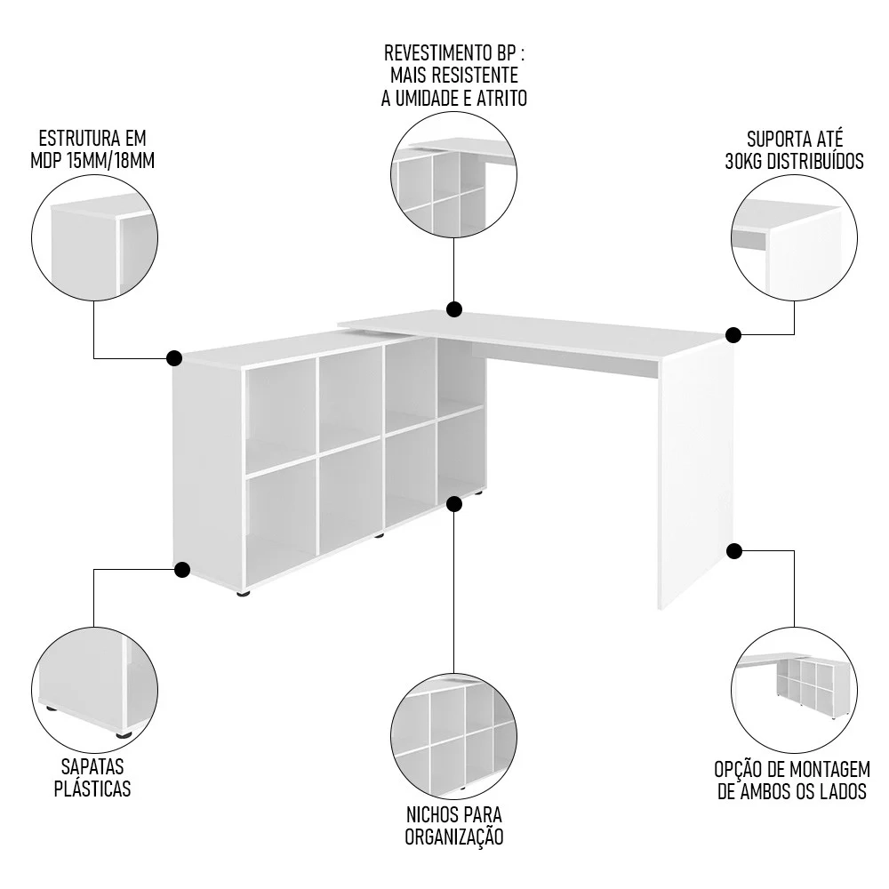 Mesa Escrivaninha em L Eron e Estante Livreiro Stela A06 Branco/Freijó - Mpozenato 