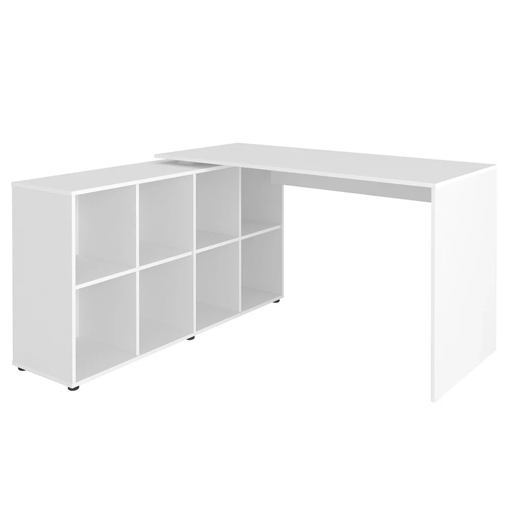 Mesa Escrivaninha em L Eron e Estante Livreiro Stela A06 Branco/Freijó - Mpozenato 