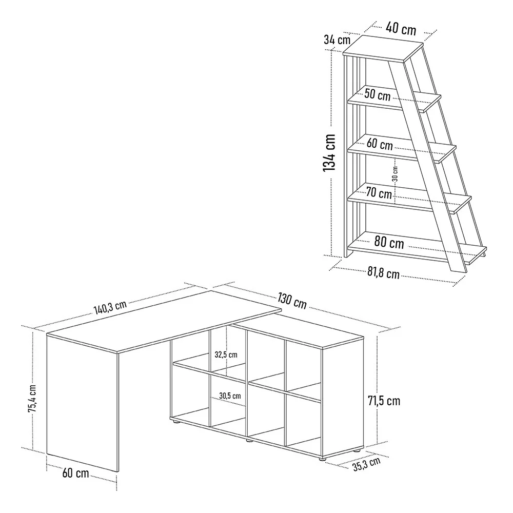 Mesa Escrivaninha em L Eron e Estante Livreiro Stela A06 Branco/Carvalho/Freijó - Mpozenato 