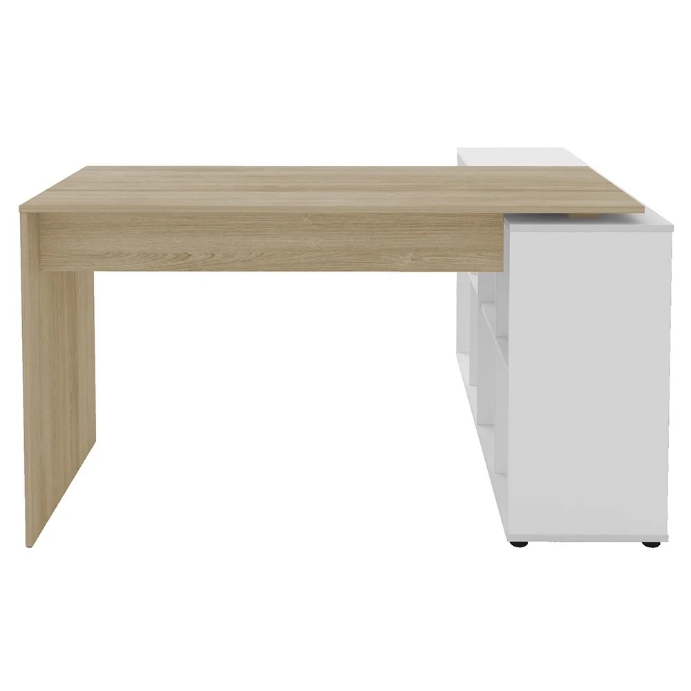 Mesa Escrivaninha em L Eron e Estante Livreiro Stela A06 Branco/Carvalho/Freijó - Mpozenato 