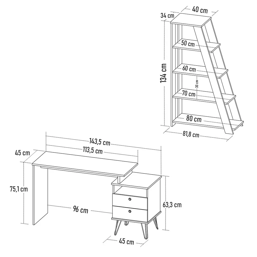 Mesa Escrivaninha Industrial e Estante Livreiro Stela A06 Preto/Freijó - Mpozenato