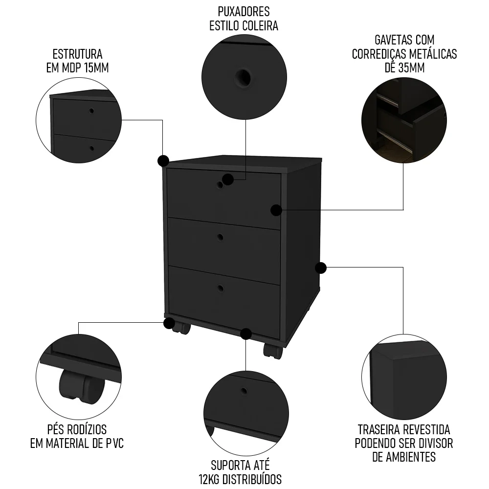 Conjunto Escritório Home Office 4 Peças Side A06 Preto - Mpozenato