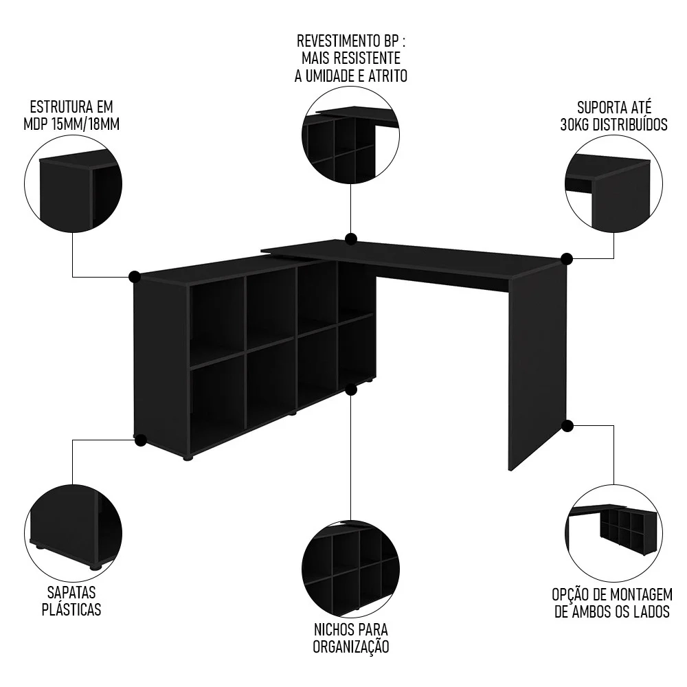 Conjunto Escritório Home Office 4 Peças Nil A06 Preto - Mpozenato