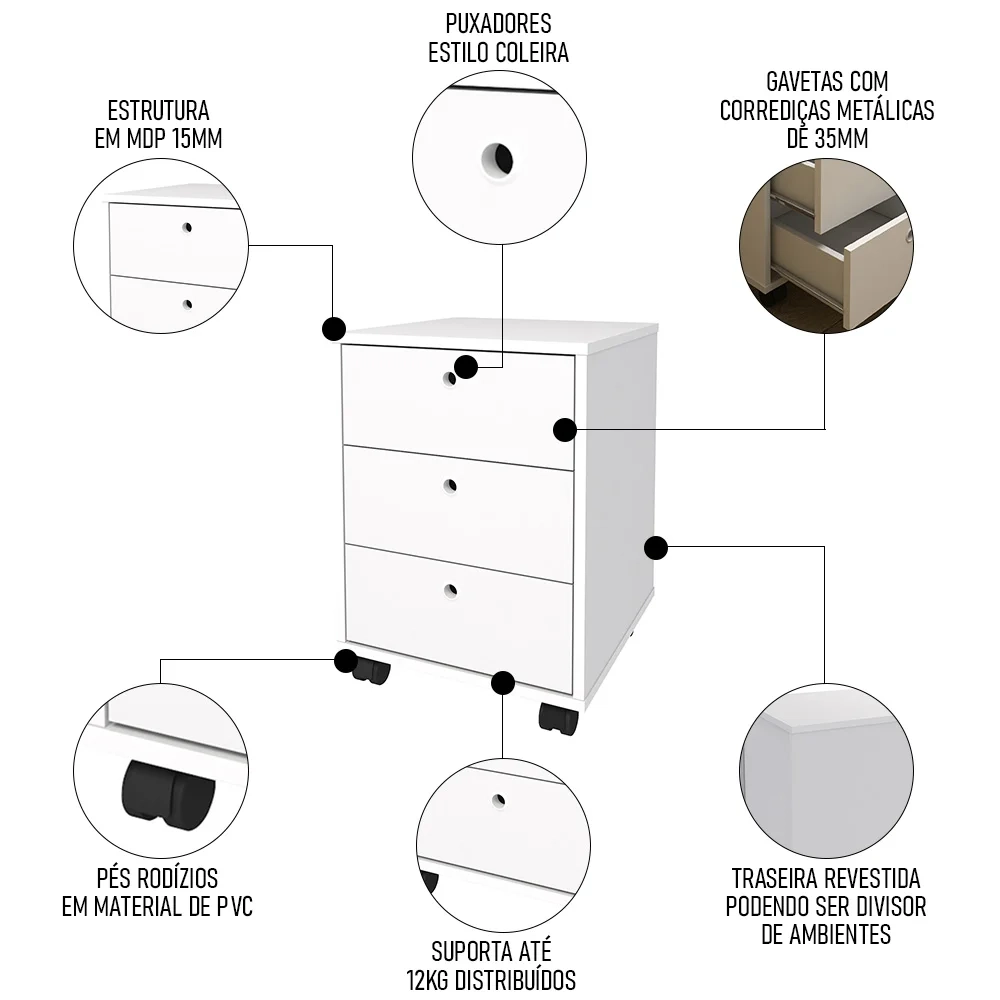 Conjunto Escritório Home Office 4 Peças Nil A06 Branco - Mpozenato