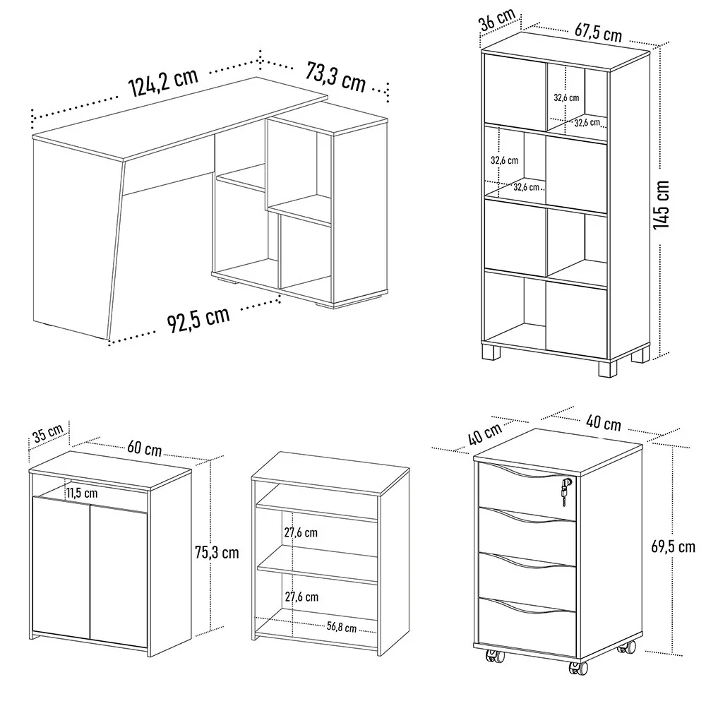 Conjunto Escritório Home Office 4 Peças Look A06 Branco/Ipê - Mpozenato