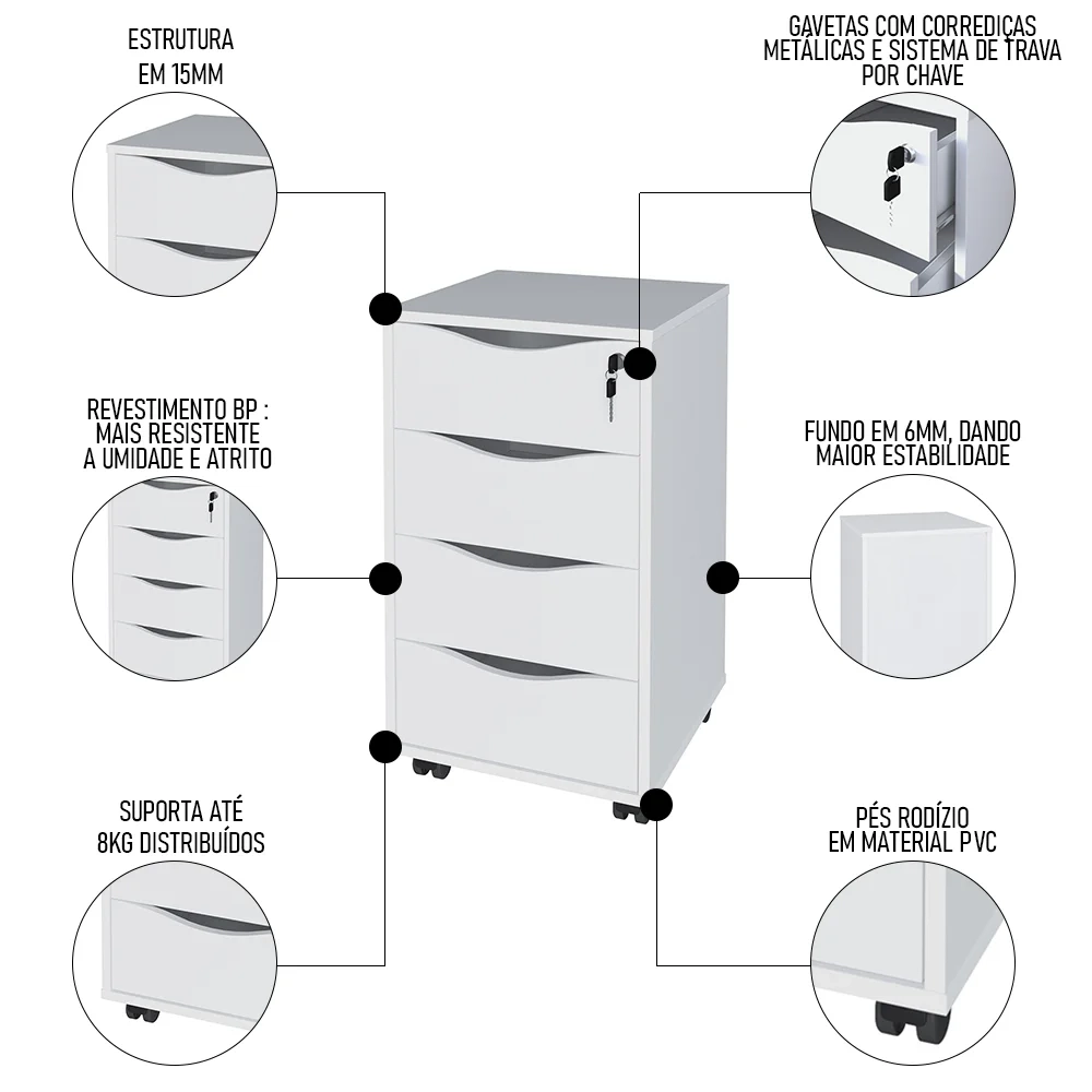 Conjunto Escritório Home Office 4 Peças Look A06 Branco/Ipê - Mpozenato