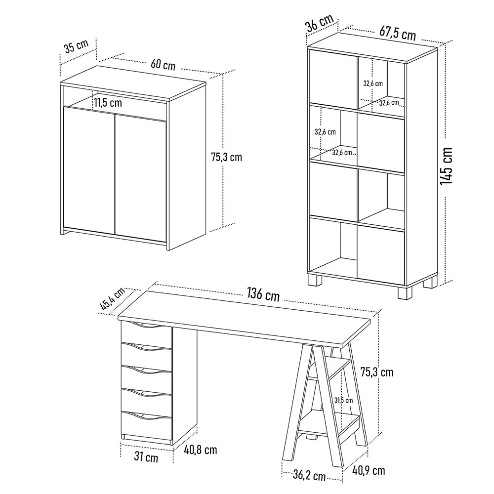 Conjunto Escritório Home Office 3 Peças Maly A06 Nogal/Branco - Mpozenato