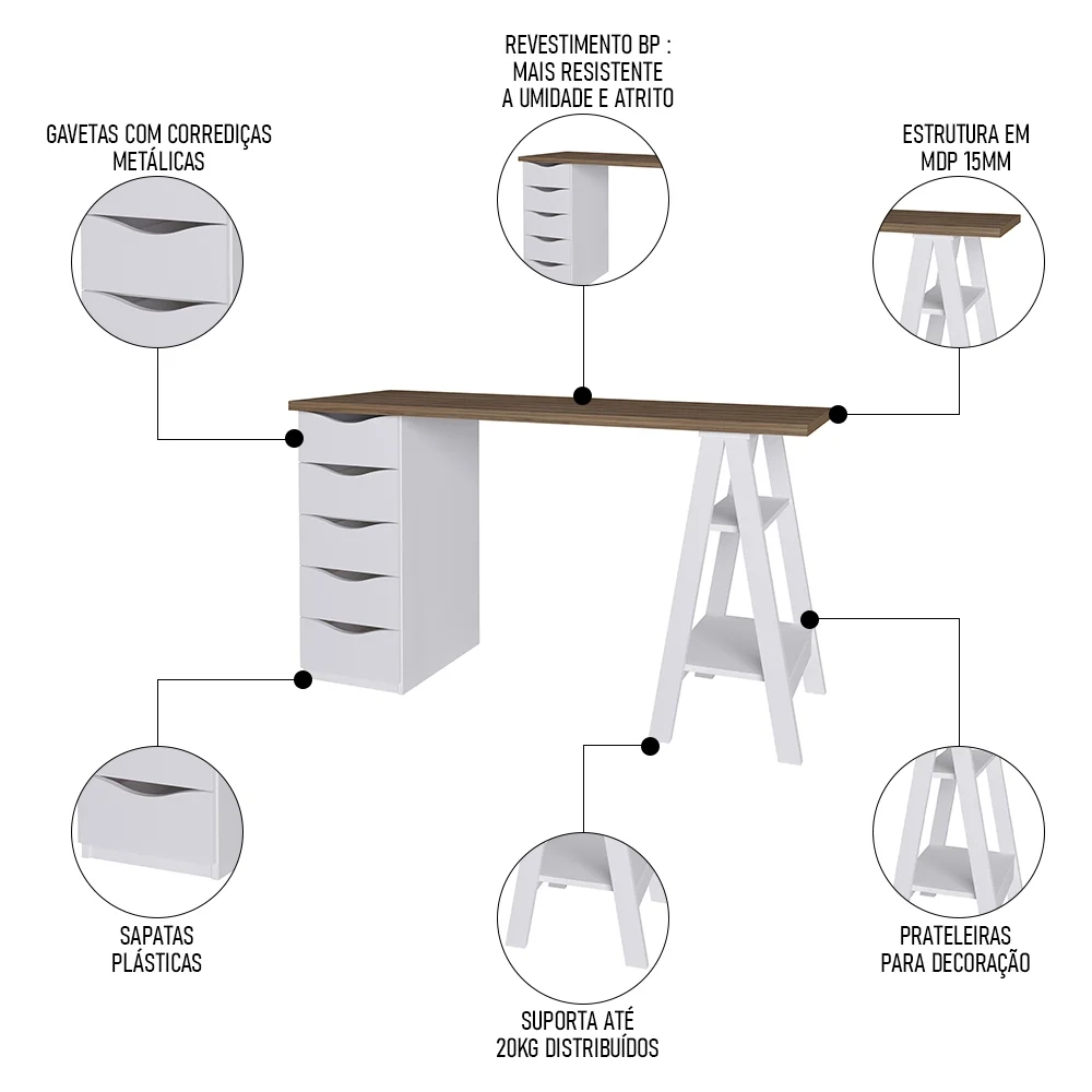 Conjunto Escritório Home Office 3 Peças Maly A06 Nogal/Branco - Mpozenato