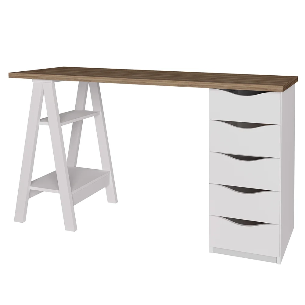 Conjunto Escritório Home Office 3 Peças Maly A06 Nogal/Branco - Mpozenato