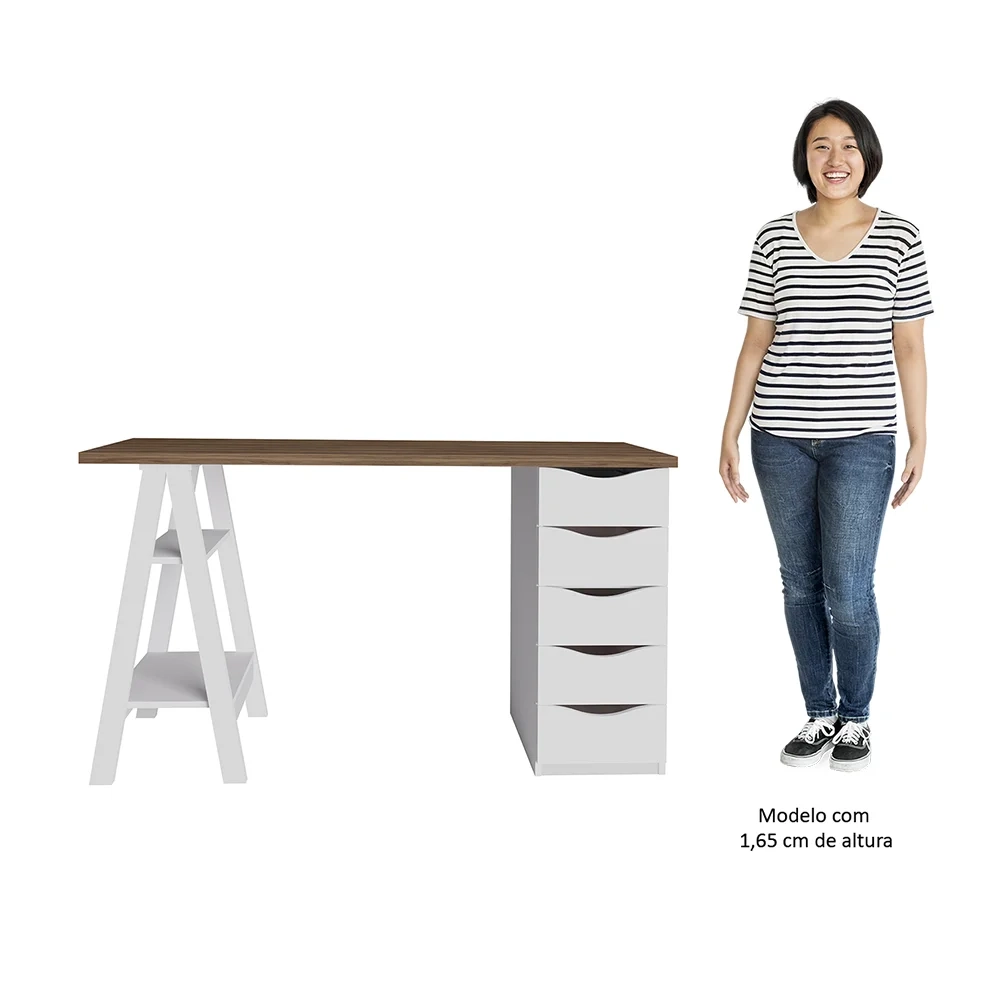 Conjunto Escritório Home Office 3 Peças Maly A06 Nogal/Branco - Mpozenato