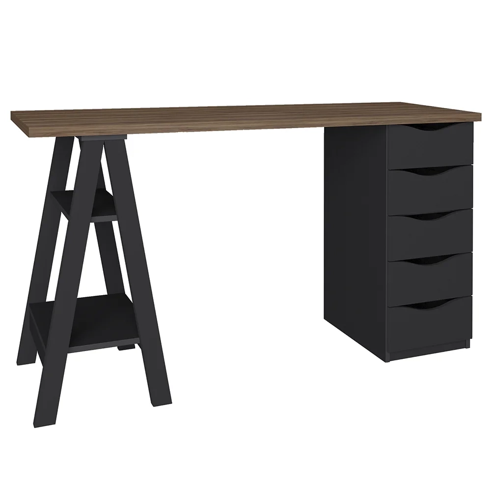 Conjunto Escritório Home Office 3 Peças Stela A06 Nogal/Preto - Mpozenato