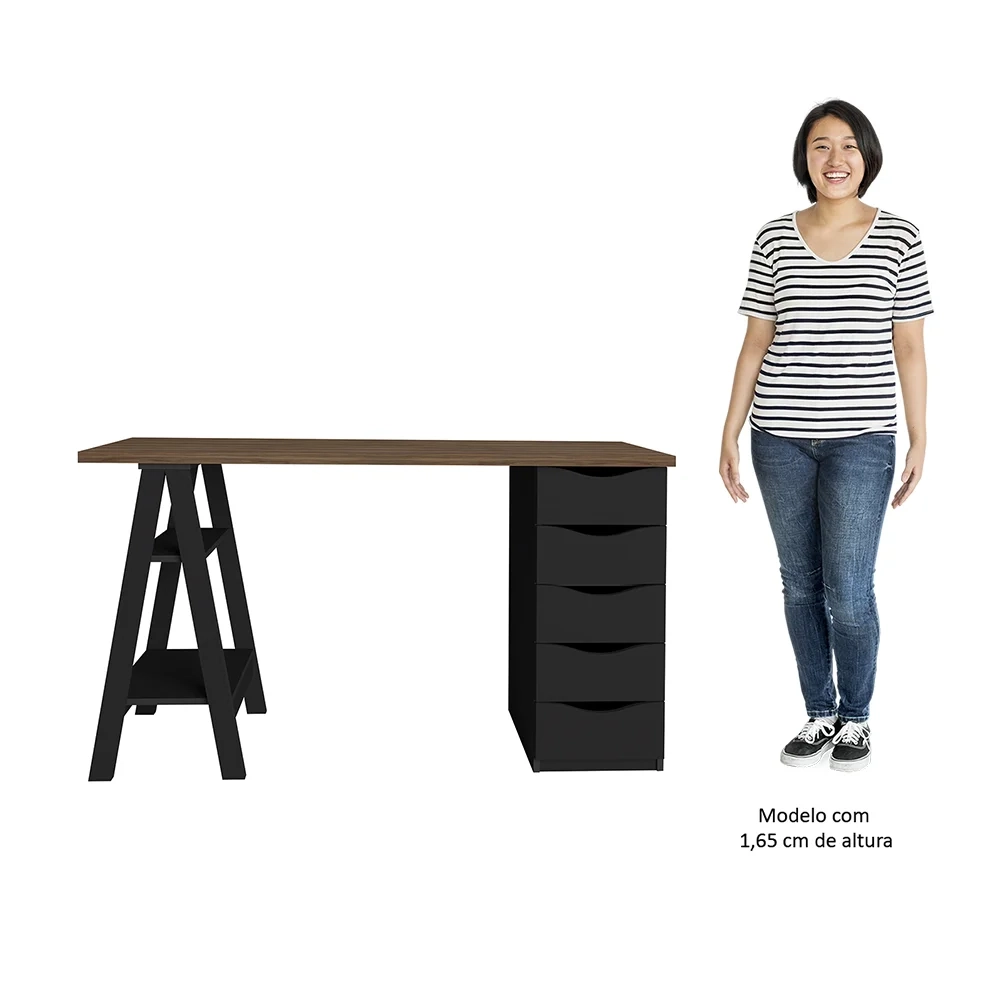 Conjunto Escritório Home Office 3 Peças Stela A06 Nogal/Preto - Mpozenato