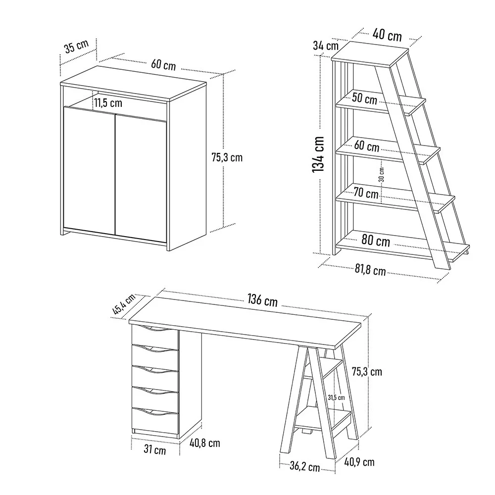 Conjunto Escritório Home Office 3 Peças Stela A06 Nogal/Preto - Mpozenato