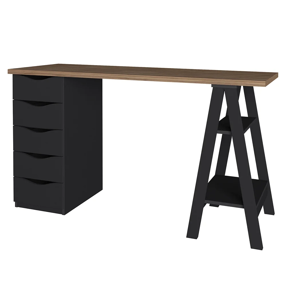 Conjunto Escritório Home Office 3 Peças Stela A06 Nogal/Preto - Mpozenato