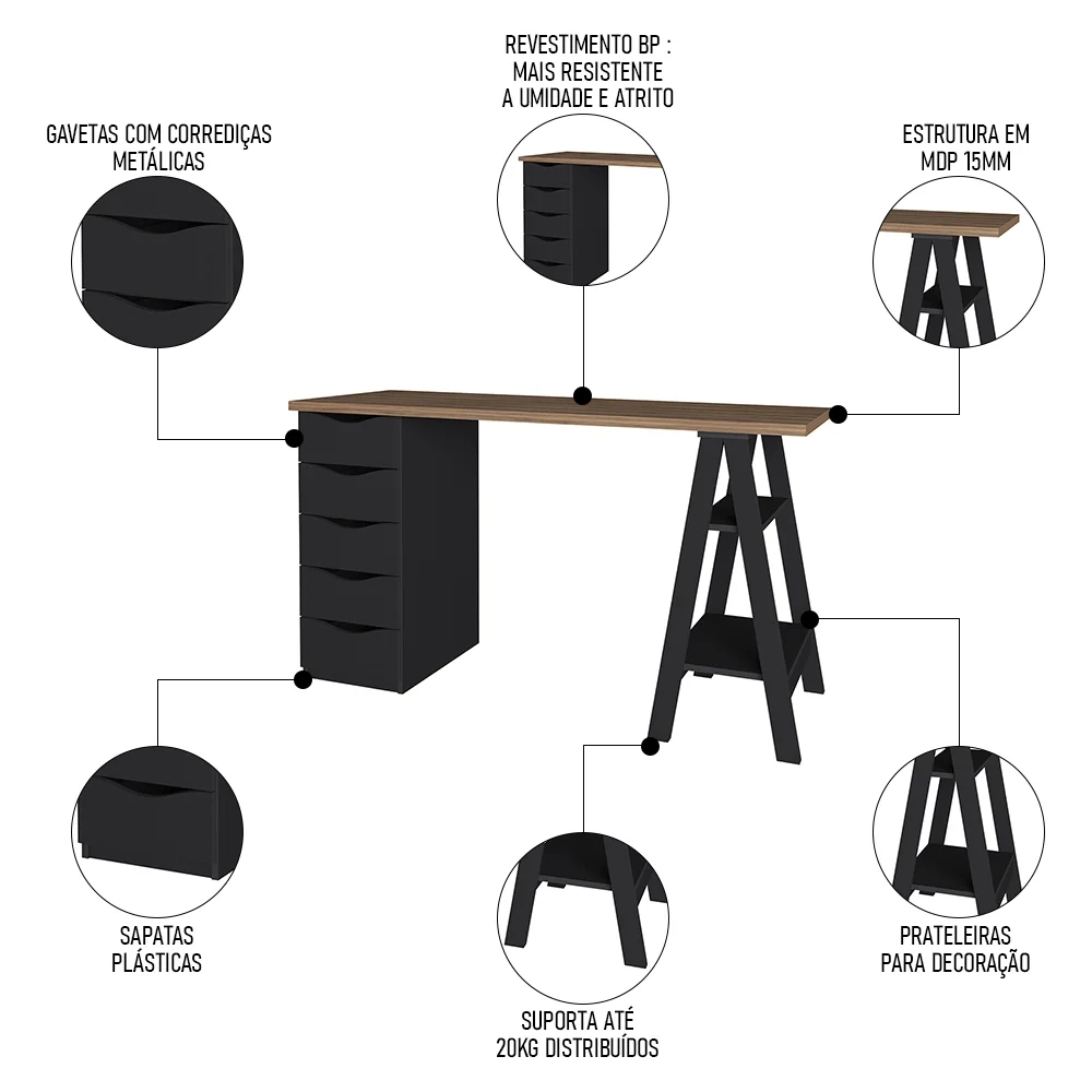 Conjunto Escritório Home Office 3 Peças Stela A06 Nogal/Preto - Mpozenato