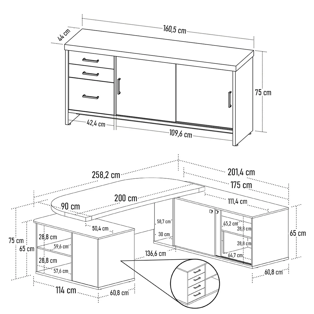 Mesa Escritório Presidente e Balcão 2 Portas 3 Gavetas Corp A06 Carvalho/Branco - Mpozenato