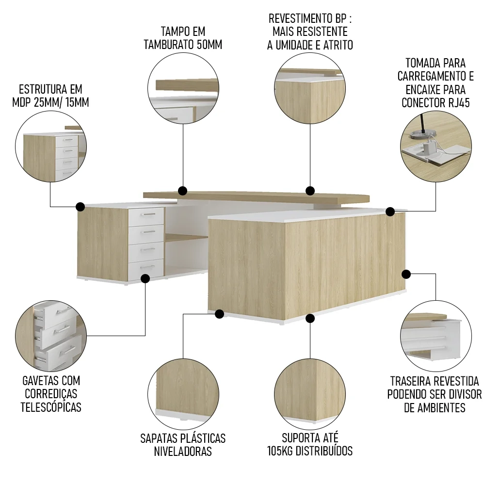 Conjunto Escritório Home Office 4 Peças Corp A06 Carvalho/Branco - Mpozenato