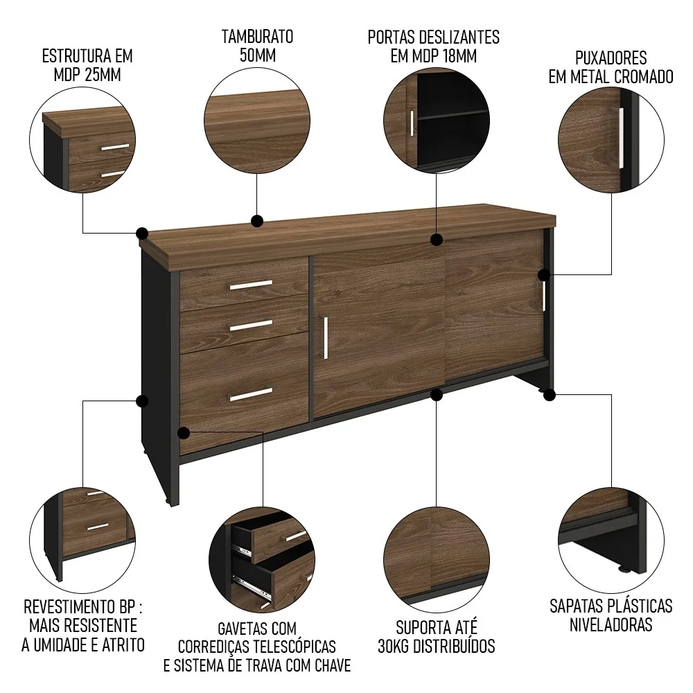 Conjunto Escritório Home Office 5 Peças Corp A06 Charuto/Preto - Mpozenato