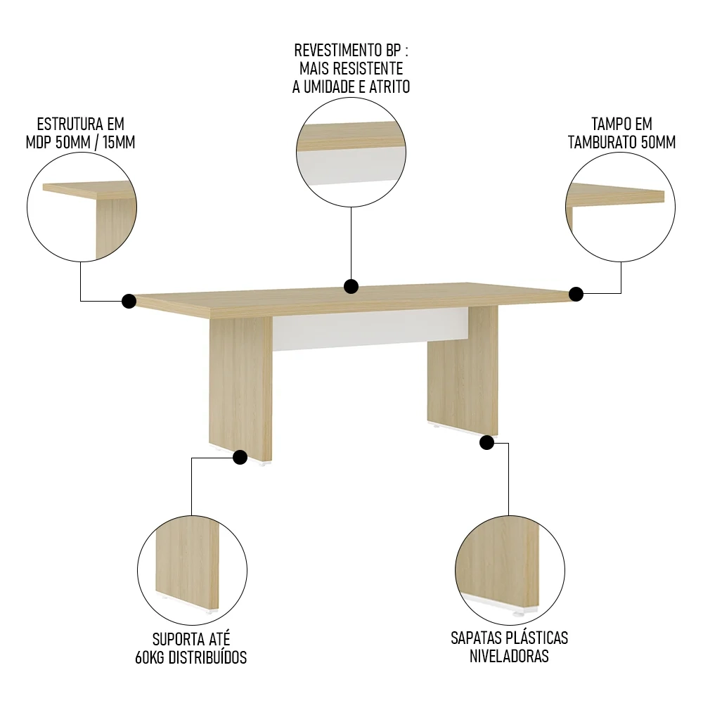 Kit 2 Mesas de Escritório Reunião 200cm Corp A06 Carvalho/Branco - Mpozenato