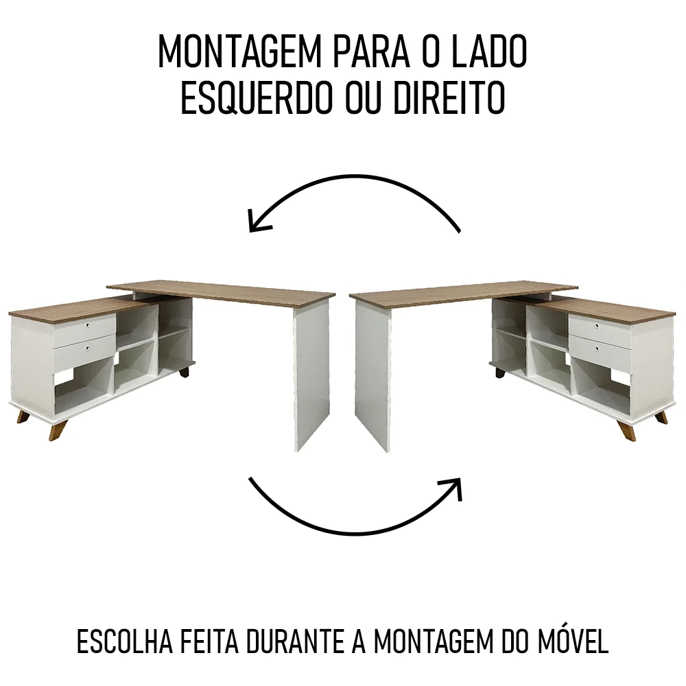 Conjunto Escritório 3 Peças Mesa em L Golden A06 Olmo/Branco - Mpozenato