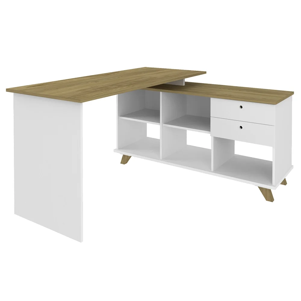 Conjunto Escritório 3 Peças Mesa em L Golden A06 Olmo/Branco - Mpozenato