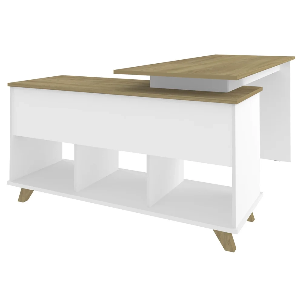 Conjunto Escritório 3 Peças Mesa em L Golden A06 Olmo/Branco - Mpozenato