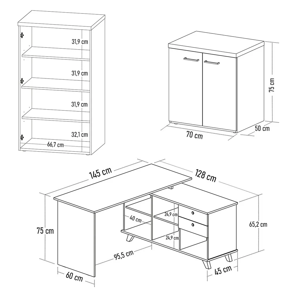 Conjunto Escritório 3 Peças Mesa em L Golden A06 Olmo/Branco - Mpozenato