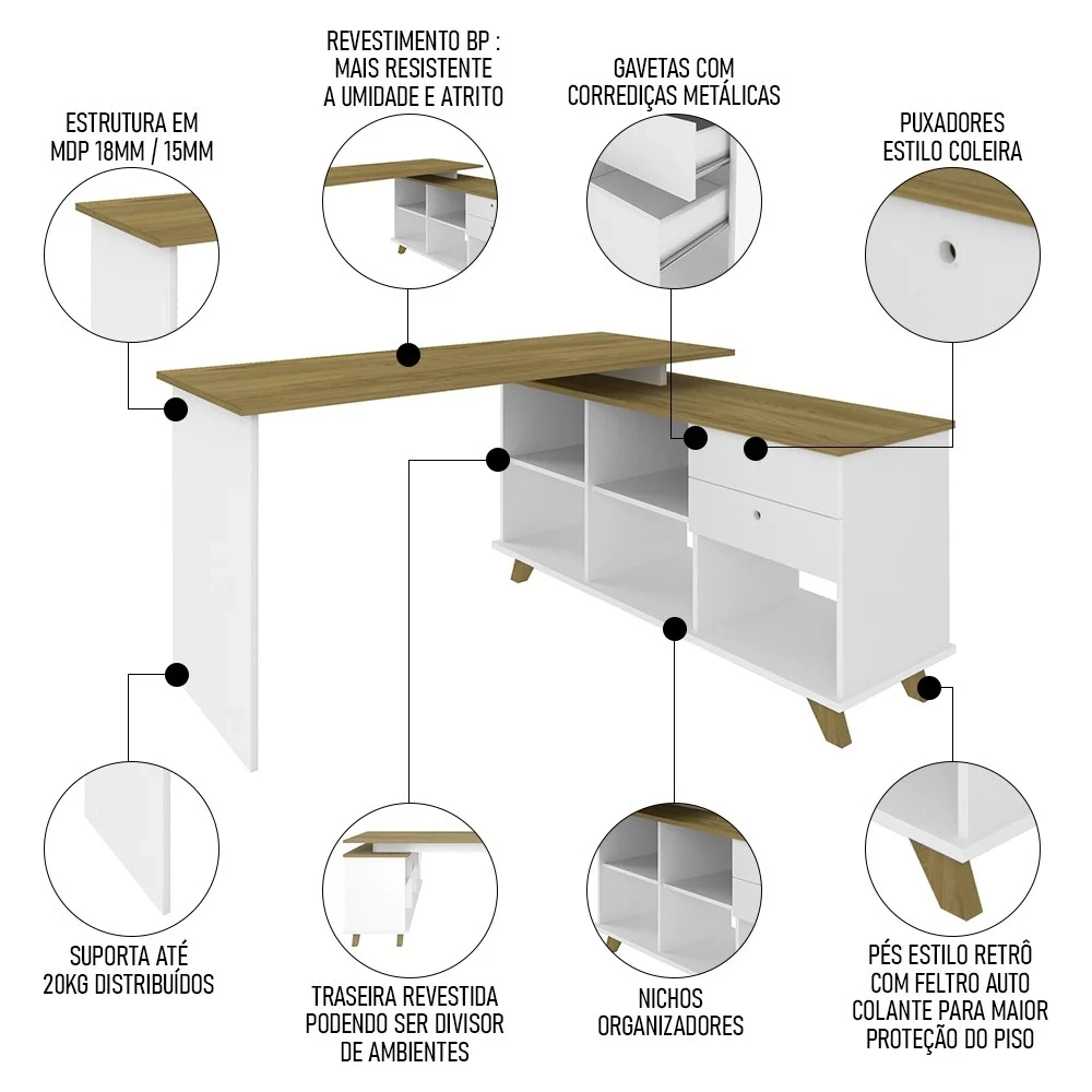Conjunto Escritório 3 Peças Mesa em L Golden A06 Olmo/Branco - Mpozenato