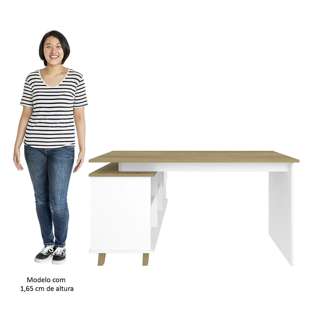 Conjunto Escritório 3 Peças Mesa em L Golden A06 Olmo/Branco - Mpozenato