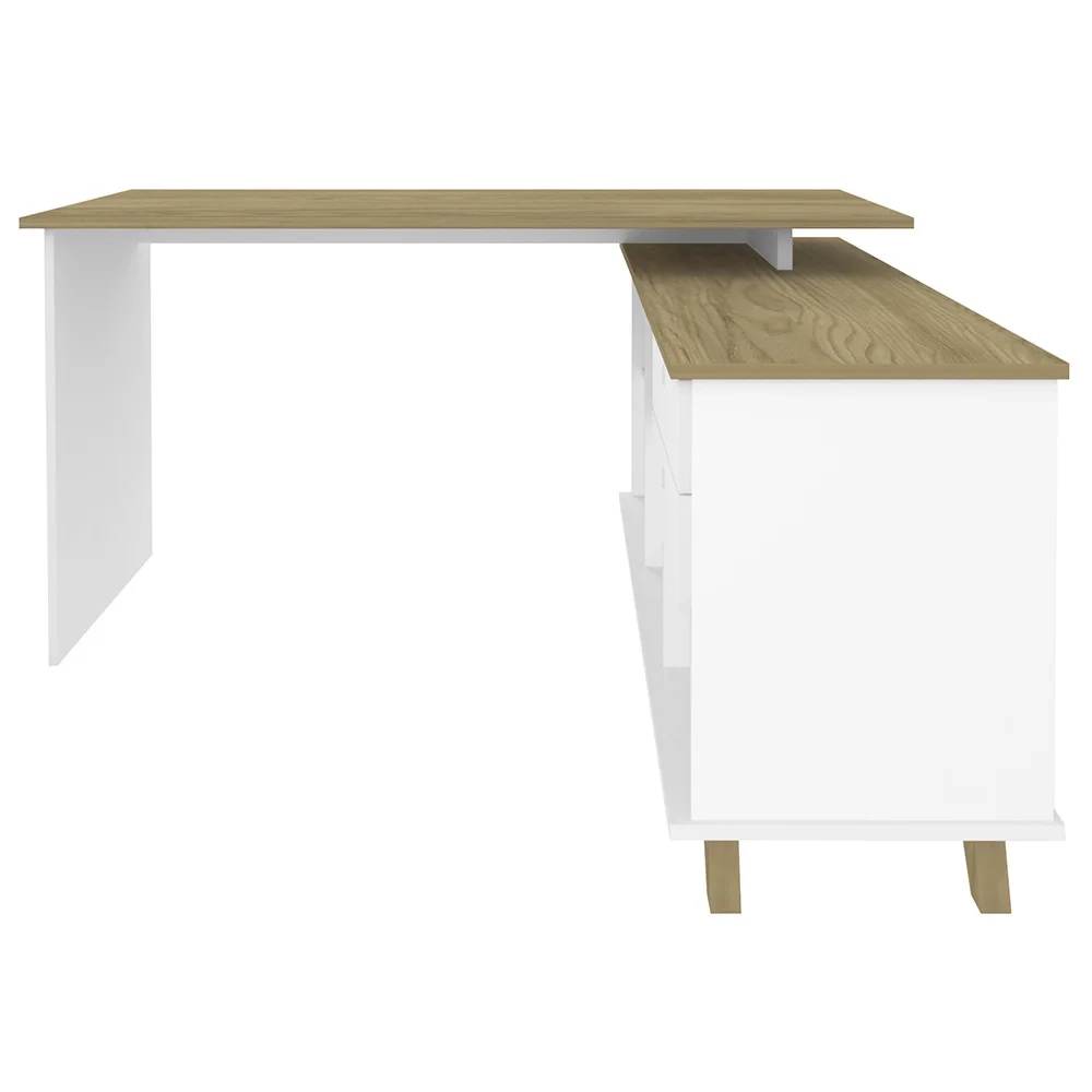 Conjunto Escritório 3 Peças Mesa em L Golden A06 Olmo/Branco - Mpozenato