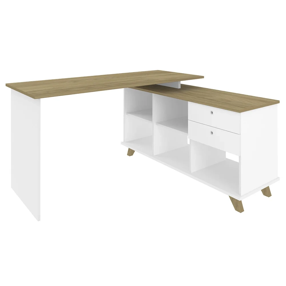 Conjunto Escritório 3 Peças Mesa em L Golden A06 Olmo/Branco - Mpozenato