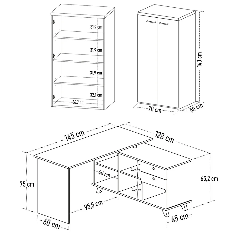 Mesa Escrivaninha em L Golden e Armário Alto 2 Portas Tok A06 Olmo/Branco - Mpozenato