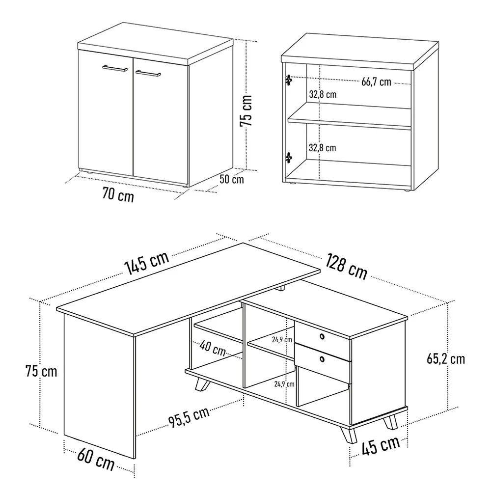 Mesa Escrivaninha em L Golden e Balcão 2 Portas Tok A06 Olmo/Branco - Mpozenato