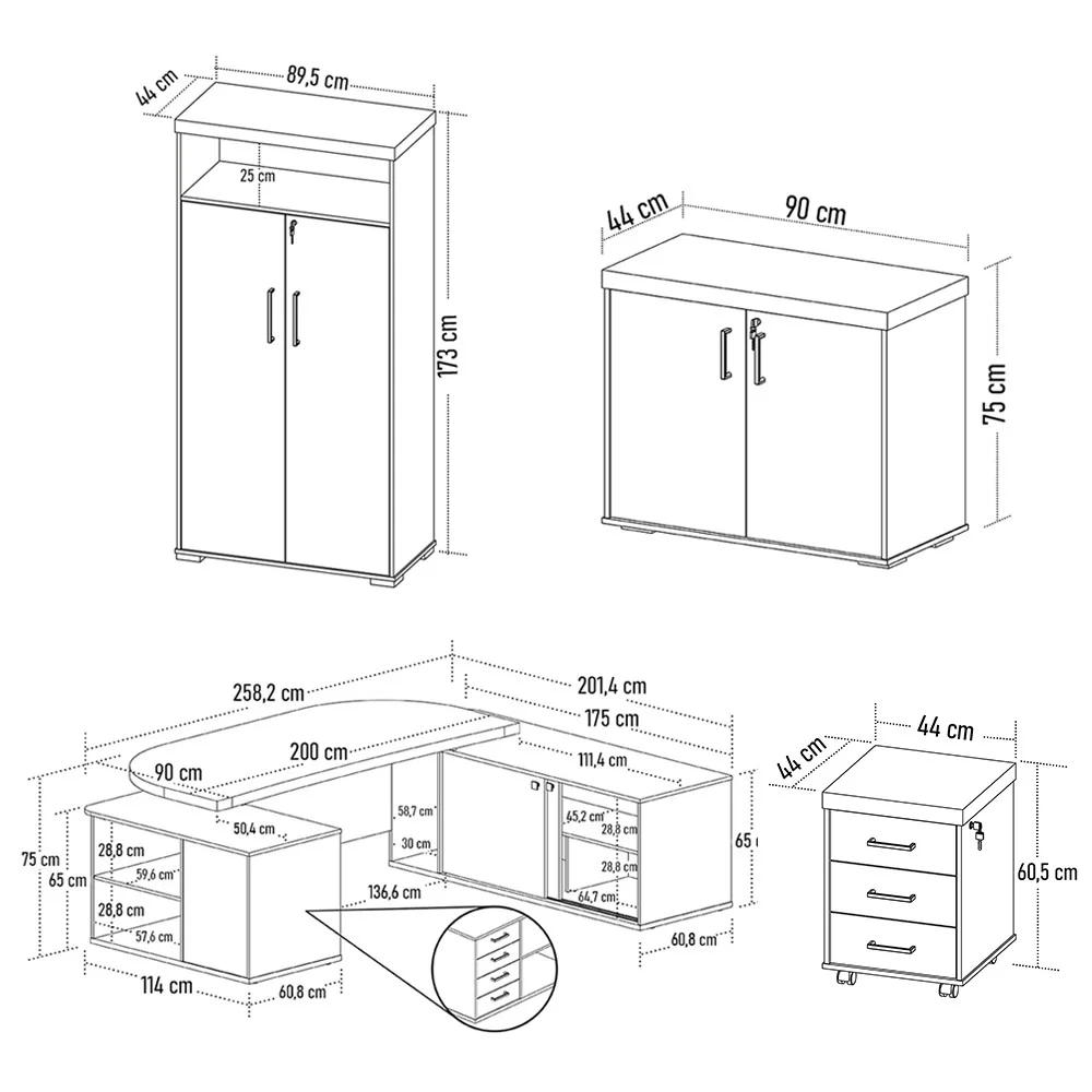 Conjunto Escritório Home Office 3 Peças Mesa em U Corp A06 Charuto/Preto - Mpozenato