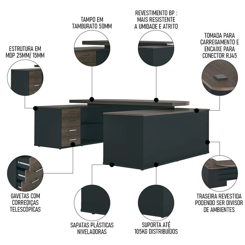 Conjunto Escritório Home Office 3 Peças Mesa em U Corp A06 Charuto/Preto - Mpozenato