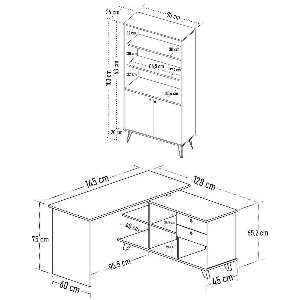 Mesa Escrivaninha em L Golden e Estante Livreiro 2 Portas Lit A06 Freijó/Preto - Mpozenato