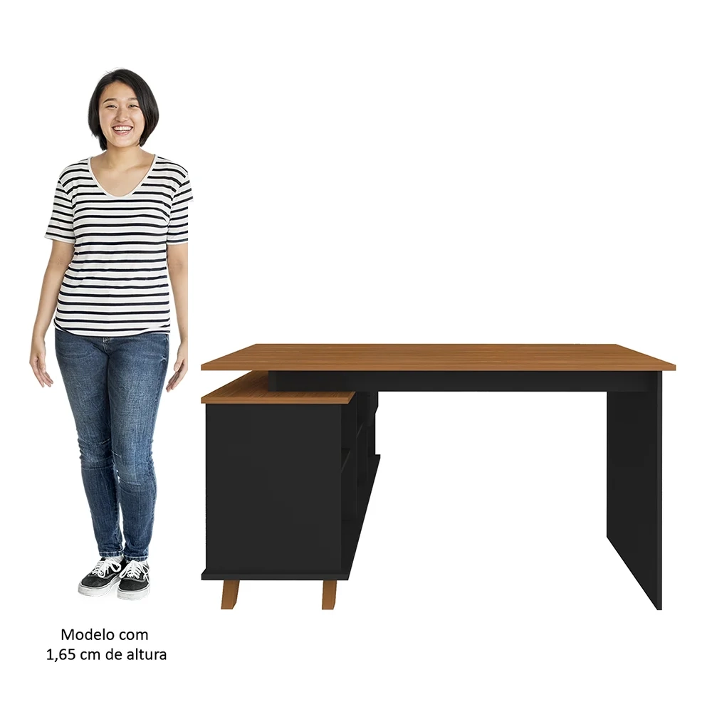 Mesa Escrivaninha em L Golden e Estante Livreiro 2 Portas Lit A06 Freijó/Preto - Mpozenato