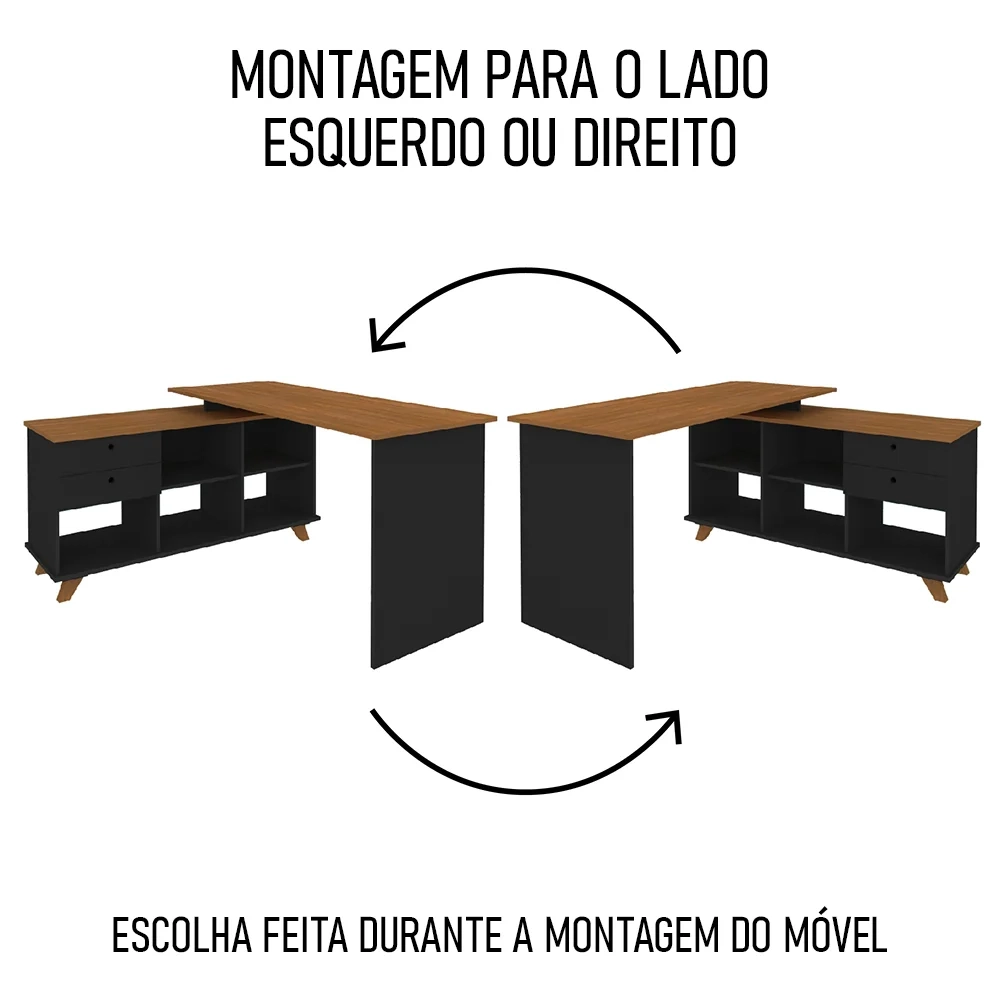 Mesa Escrivaninha em L Golden e Estante Livreiro 2 Portas Lit A06 Freijó/Preto - Mpozenato